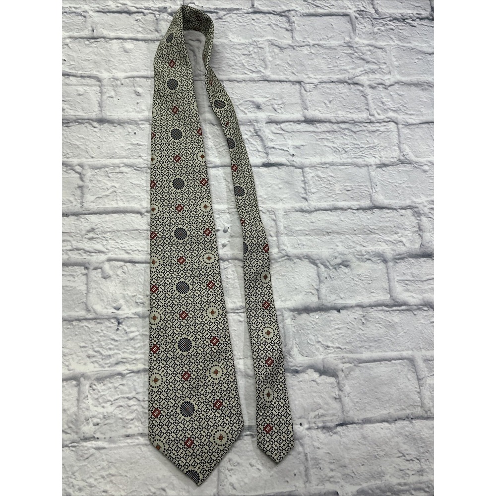 Vintage Johnny Carson Mens Geometric Medallion Tie Navy Blue Red Cream Polyester